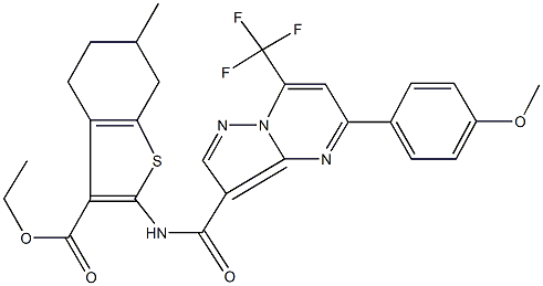 ethyl 2-({[5-(4-methoxyphenyl)-7-(trifluoromethyl)pyrazolo[1,5-a]pyrimidin-3-yl]carbonyl}amino)-6-methyl-4,5,6,7-tetrahydro-1-benzothiophene-3-carboxylate Struktur