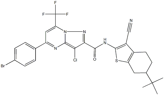 5-(4-bromophenyl)-N-(6-tert-butyl-3-cyano-4,5,6,7-tetrahydro-1-benzothien-2-yl)-3-chloro-7-(trifluoromethyl)pyrazolo[1,5-a]pyrimidine-2-carboxamide Struktur