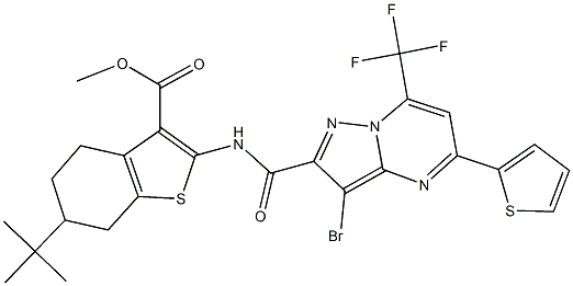 methyl 2-({[3-bromo-5-(2-thienyl)-7-(trifluoromethyl)pyrazolo[1,5-a]pyrimidin-2-yl]carbonyl}amino)-6-tert-butyl-4,5,6,7-tetrahydro-1-benzothiophene-3-carboxylate Struktur