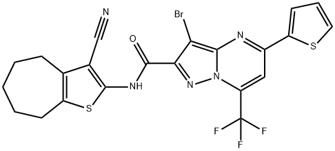 3-bromo-N-(3-cyano-5,6,7,8-tetrahydro-4H-cyclohepta[b]thien-2-yl)-5-(2-thienyl)-7-(trifluoromethyl)pyrazolo[1,5-a]pyrimidine-2-carboxamide Struktur