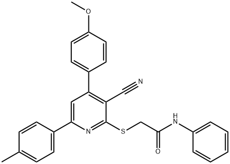 2-{[3-cyano-4-(4-methoxyphenyl)-6-(4-methylphenyl)-2-pyridinyl]sulfanyl}-N-phenylacetamide Struktur