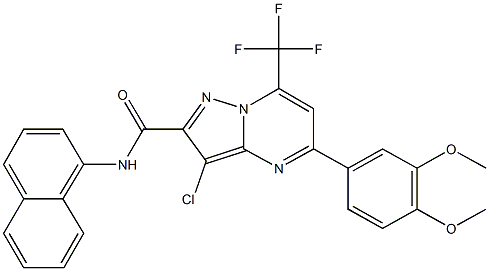 3-chloro-5-(3,4-dimethoxyphenyl)-N-(1-naphthyl)-7-(trifluoromethyl)pyrazolo[1,5-a]pyrimidine-2-carboxamide Struktur