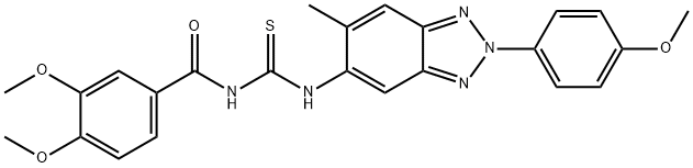 N-(3,4-dimethoxybenzoyl)-N'-[2-(4-methoxyphenyl)-6-methyl-2H-1,2,3-benzotriazol-5-yl]thiourea Struktur