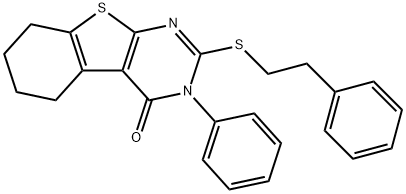 3-phenyl-2-[(2-phenylethyl)sulfanyl]-5,6,7,8-tetrahydro[1]benzothieno[2,3-d]pyrimidin-4(3H)-one Struktur