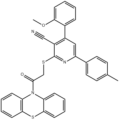 4-(2-methoxyphenyl)-6-(4-methylphenyl)-2-{[2-oxo-2-(10H-phenothiazin-10-yl)ethyl]sulfanyl}nicotinonitrile Struktur