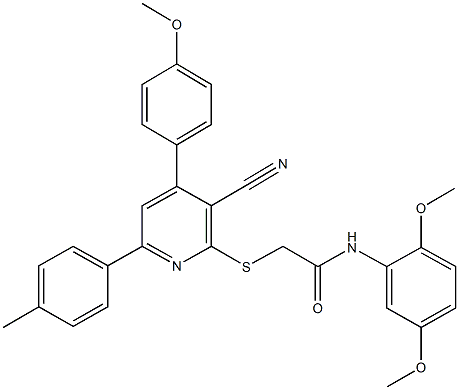 2-{[3-cyano-4-(4-methoxyphenyl)-6-(4-methylphenyl)-2-pyridinyl]sulfanyl}-N-(2,5-dimethoxyphenyl)acetamide Struktur