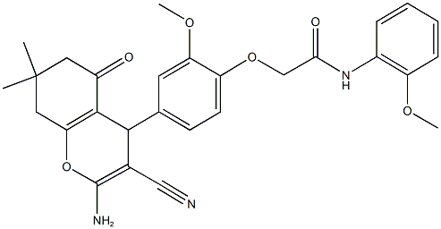 2-[4-(2-amino-3-cyano-7,7-dimethyl-5-oxo-5,6,7,8-tetrahydro-4H-chromen-4-yl)-2-methoxyphenoxy]-N-(2-methoxyphenyl)acetamide Struktur