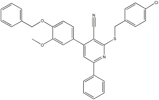 4-[4-(benzyloxy)-3-methoxyphenyl]-2-[(4-chlorobenzyl)sulfanyl]-6-phenylnicotinonitrile Struktur