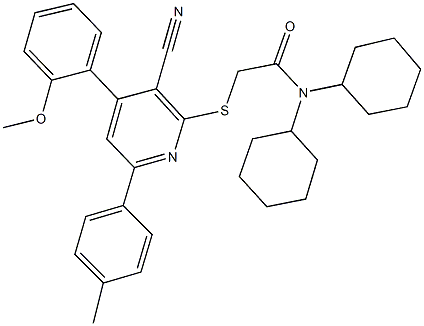 2-{[3-cyano-4-(2-methoxyphenyl)-6-(4-methylphenyl)-2-pyridinyl]sulfanyl}-N,N-dicyclohexylacetamide Struktur