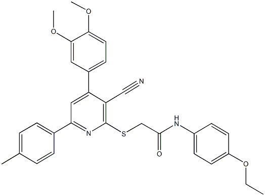 2-{[3-cyano-4-(3,4-dimethoxyphenyl)-6-(4-methylphenyl)-2-pyridinyl]sulfanyl}-N-(4-ethoxyphenyl)acetamide Struktur