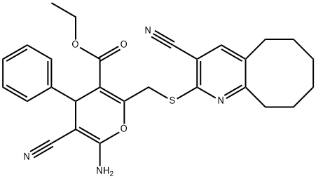 ethyl 6-amino-5-cyano-2-{[(3-cyano-5,6,7,8,9,10-hexahydrocycloocta[b]pyridin-2-yl)sulfanyl]methyl}-4-phenyl-4H-pyran-3-carboxylate Struktur