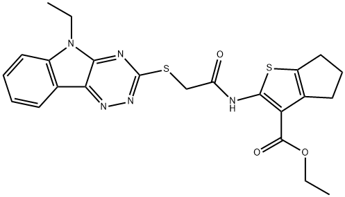 ethyl 2-({[(5-ethyl-5H-[1,2,4]triazino[5,6-b]indol-3-yl)sulfanyl]acetyl}amino)-5,6-dihydro-4H-cyclopenta[b]thiophene-3-carboxylate Struktur