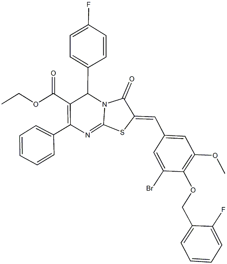 ethyl 2-{3-bromo-4-[(2-fluorobenzyl)oxy]-5-methoxybenzylidene}-5-(4-fluorophenyl)-3-oxo-7-phenyl-2,3-dihydro-5H-[1,3]thiazolo[3,2-a]pyrimidine-6-carboxylate Struktur