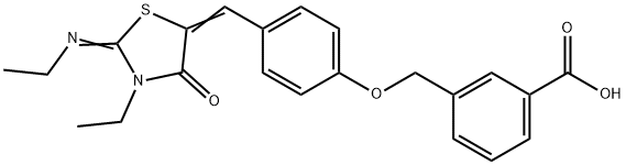 3-[(4-{[3-ethyl-2-(ethylimino)-4-oxo-1,3-thiazolidin-5-ylidene]methyl}phenoxy)methyl]benzoic acid Struktur