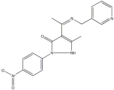 2-{4-nitrophenyl}-5-methyl-4-[N-(3-pyridinylmethyl)ethanimidoyl]-1,2-dihydro-3H-pyrazol-3-one Struktur