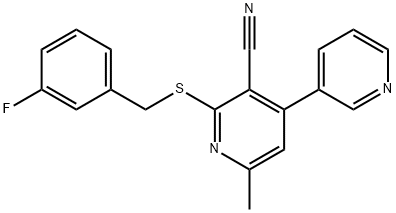 3-cyano-2-[(3-fluorobenzyl)sulfanyl]-6-methyl-4,3'-bipyridine Struktur