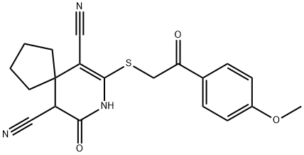 7-{[2-(4-methoxyphenyl)-2-oxoethyl]sulfanyl}-9-oxo-8-azaspiro[4.5]dec-6-ene-6,10-dicarbonitrile Struktur