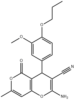 2-amino-4-(3-methoxy-4-propoxyphenyl)-7-methyl-5-oxo-4H,5H-pyrano[4,3-b]pyran-3-carbonitrile Struktur