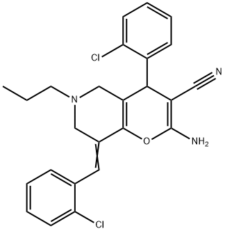 2-amino-8-(2-chlorobenzylidene)-4-(2-chlorophenyl)-6-propyl-5,6,7,8-tetrahydro-4H-pyrano[3,2-c]pyridine-3-carbonitrile Struktur