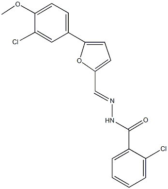 2-chloro-N'-{[5-(3-chloro-4-methoxyphenyl)-2-furyl]methylene}benzohydrazide Struktur