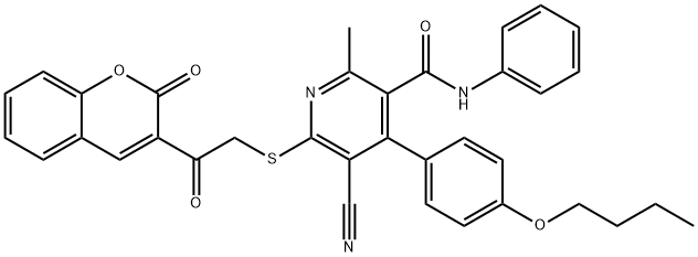 4-(4-butoxyphenyl)-5-cyano-2-methyl-6-{[2-oxo-2-(2-oxo-2H-chromen-3-yl)ethyl]sulfanyl}-N-phenylnicotinamide Struktur