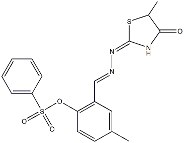 4-methyl-2-[2-(5-methyl-4-oxo-1,3-thiazolidin-2-ylidene)carbohydrazonoyl]phenyl benzenesulfonate Struktur