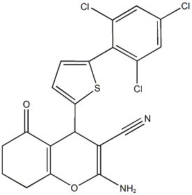 2-amino-5-oxo-4-(5-(2,4,6-trichlorophenyl)thien-2-yl)-5,6,7,8-tetrahydro-4H-chromene-3-carbonitrile Struktur