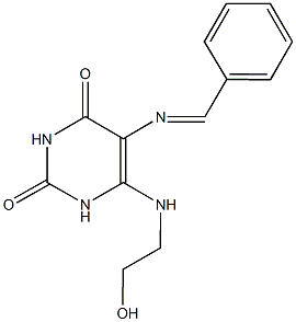 5-(benzylideneamino)-6-[(2-hydroxyethyl)amino]-2,4(1H,3H)-pyrimidinedione Struktur