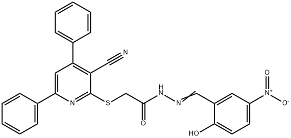 2-[(3-cyano-4,6-diphenyl-2-pyridinyl)sulfanyl]-N'-{2-hydroxy-5-nitrobenzylidene}acetohydrazide Struktur