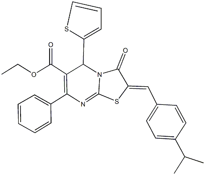 ethyl 2-(4-isopropylbenzylidene)-3-oxo-7-phenyl-5-(2-thienyl)-2,3-dihydro-5H-[1,3]thiazolo[3,2-a]pyrimidine-6-carboxylate Struktur