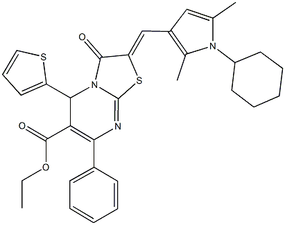 ethyl 2-[(1-cyclohexyl-2,5-dimethyl-1H-pyrrol-3-yl)methylene]-3-oxo-7-phenyl-5-(2-thienyl)-2,3-dihydro-5H-[1,3]thiazolo[3,2-a]pyrimidine-6-carboxylate Struktur