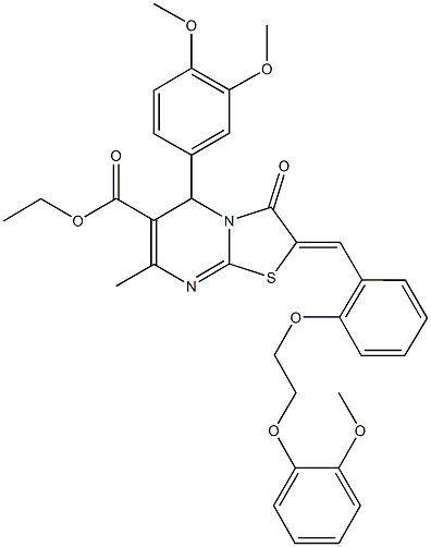 ethyl 5-(3,4-dimethoxyphenyl)-2-{2-[2-(2-methoxyphenoxy)ethoxy]benzylidene}-7-methyl-3-oxo-2,3-dihydro-5H-[1,3]thiazolo[3,2-a]pyrimidine-6-carboxylate Struktur