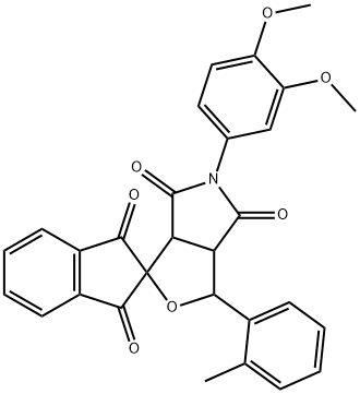 1-(2-methylphenyl)-5-(3,4-methoxyphenyl)-3a,6a-dihydrosprio[1H-furo[3,4-c]pyrrole-3,2'-(1'H)-indene]-1',3',4,6(2'H,3H,5H)-tetrone Struktur