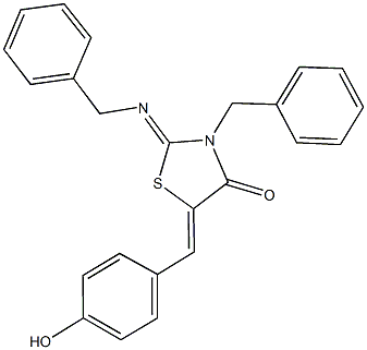 3-benzyl-2-(benzylimino)-5-(4-hydroxybenzylidene)-1,3-thiazolidin-4-one Struktur