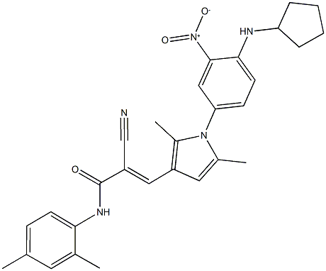 2-cyano-3-(1-{4-(cyclopentylamino)-3-nitrophenyl}-2,5-dimethyl-1H-pyrrol-3-yl)-N-(2,4-dimethylphenyl)acrylamide Struktur