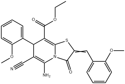 ethyl 5-amino-6-cyano-2-(2-methoxybenzylidene)-7-(2-methoxyphenyl)-3-oxo-2,3-dihydro-7H-[1,3]thiazolo[3,2-a]pyridine-8-carboxylate Struktur