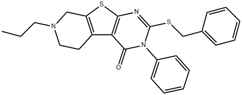 2-(benzylsulfanyl)-3-phenyl-7-propyl-5,6,7,8-tetrahydropyrido[4',3':4,5]thieno[2,3-d]pyrimidin-4(3H)-one Struktur