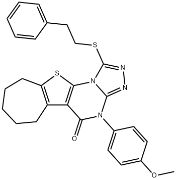 4-(4-methoxyphenyl)-1-[(2-phenylethyl)sulfanyl]-7,8,9,10-tetrahydro-6H-cyclohepta[4,5]thieno[3,2-e][1,2,4]triazolo[4,3-a]pyrimidin-5(4H)-one Struktur