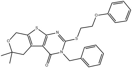 3-benzyl-6,6-dimethyl-2-[(2-phenoxyethyl)sulfanyl]-3,5,6,8-tetrahydro-4H-pyrano[4',3':4,5]thieno[2,3-d]pyrimidin-4-one Struktur