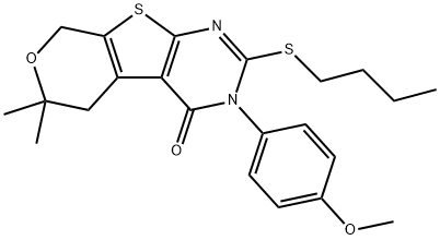 2-(butylsulfanyl)-3-(4-methoxyphenyl)-6,6-dimethyl-3,5,6,8-tetrahydro-4H-pyrano[4',3':4,5]thieno[2,3-d]pyrimidin-4-one Struktur