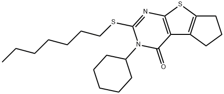 3-cyclohexyl-2-(heptylsulfanyl)-3,5,6,7-tetrahydro-4H-cyclopenta[4,5]thieno[2,3-d]pyrimidin-4-one Struktur