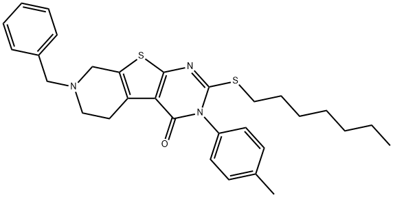 7-benzyl-2-(heptylsulfanyl)-3-(4-methylphenyl)-5,6,7,8-tetrahydropyrido[4',3':4,5]thieno[2,3-d]pyrimidin-4(3H)-one Struktur