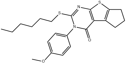 2-(hexylsulfanyl)-3-(4-methoxyphenyl)-3,5,6,7-tetrahydro-4H-cyclopenta[4,5]thieno[2,3-d]pyrimidin-4-one Struktur