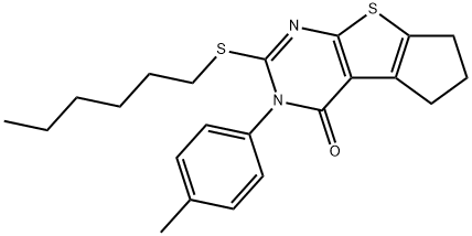 2-(hexylsulfanyl)-3-(4-methylphenyl)-3,5,6,7-tetrahydro-4H-cyclopenta[4,5]thieno[2,3-d]pyrimidin-4-one Struktur