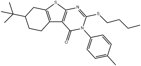 7-tert-butyl-2-(butylsulfanyl)-3-(4-methylphenyl)-5,6,7,8-tetrahydro[1]benzothieno[2,3-d]pyrimidin-4(3H)-one Struktur