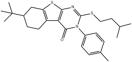 7-tert-butyl-2-(isopentylsulfanyl)-3-(4-methylphenyl)-5,6,7,8-tetrahydro[1]benzothieno[2,3-d]pyrimidin-4(3H)-one Struktur