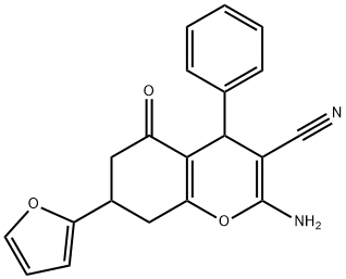 2-amino-7-(2-furyl)-5-oxo-4-phenyl-5,6,7,8-tetrahydro-4H-chromene-3-carbonitrile Struktur