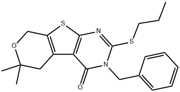 3-benzyl-6,6-dimethyl-2-(propylsulfanyl)-3,5,6,8-tetrahydro-4H-pyrano[4',3':4,5]thieno[2,3-d]pyrimidin-4-one Struktur