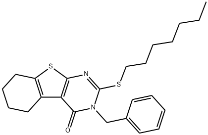 3-benzyl-2-(heptylsulfanyl)-5,6,7,8-tetrahydro[1]benzothieno[2,3-d]pyrimidin-4(3H)-one Struktur