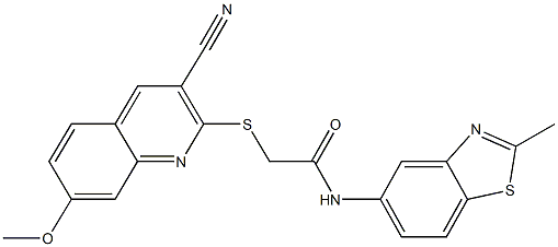 2-{[3-cyano-7-(methyloxy)quinolin-2-yl]sulfanyl}-N-(2-methyl-1,3-benzothiazol-5-yl)acetamide Struktur